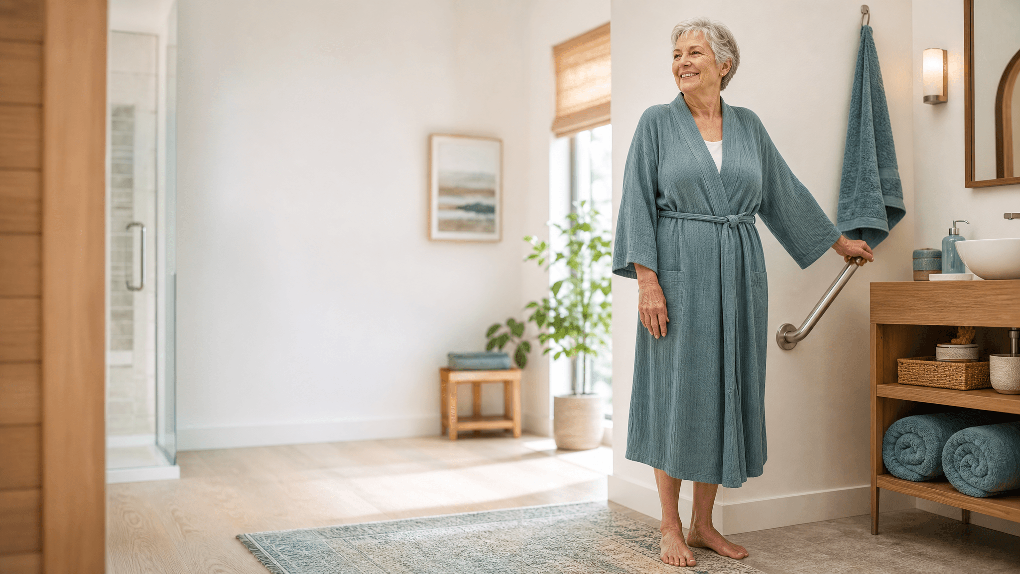 A confident older adult standing steadily in a bright, warm bathroom holding a wall grab rail