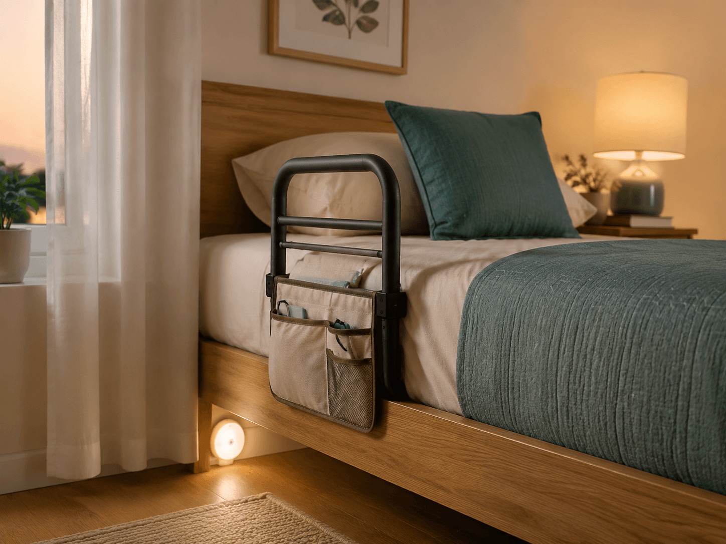 A bedside support rail with a storage pouch and a motion night light glowing in a calm bedroom at night