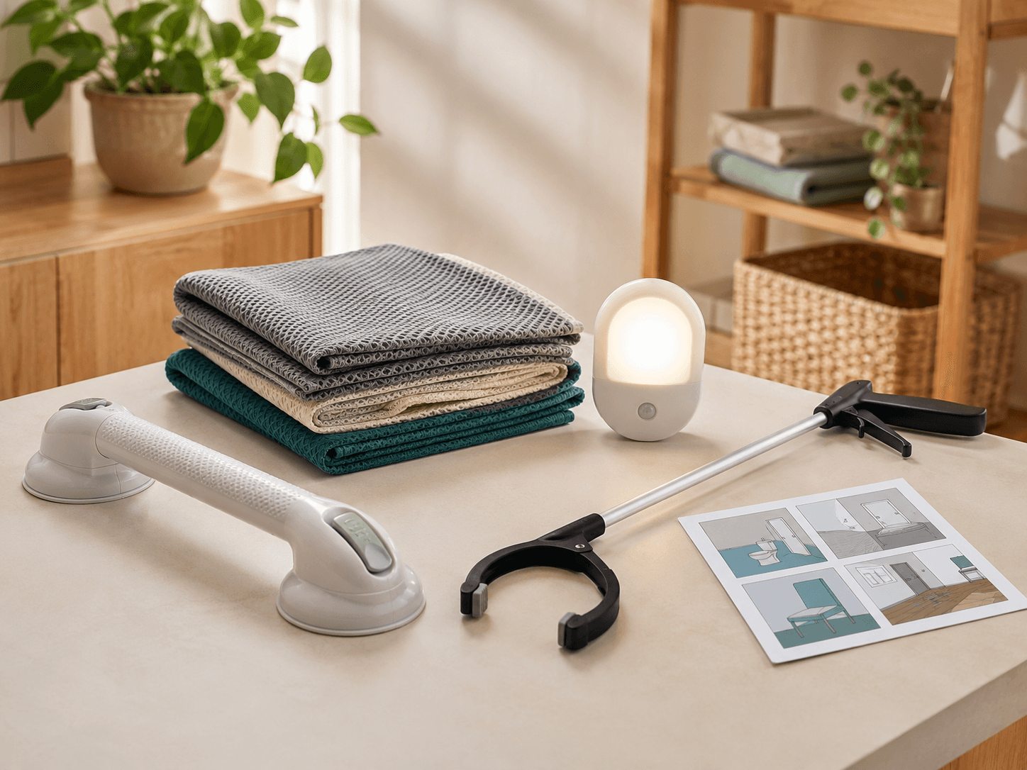 A carer's starter set with a suction grab rail, non-slip mats, a night light, a reacher and a printed setup card