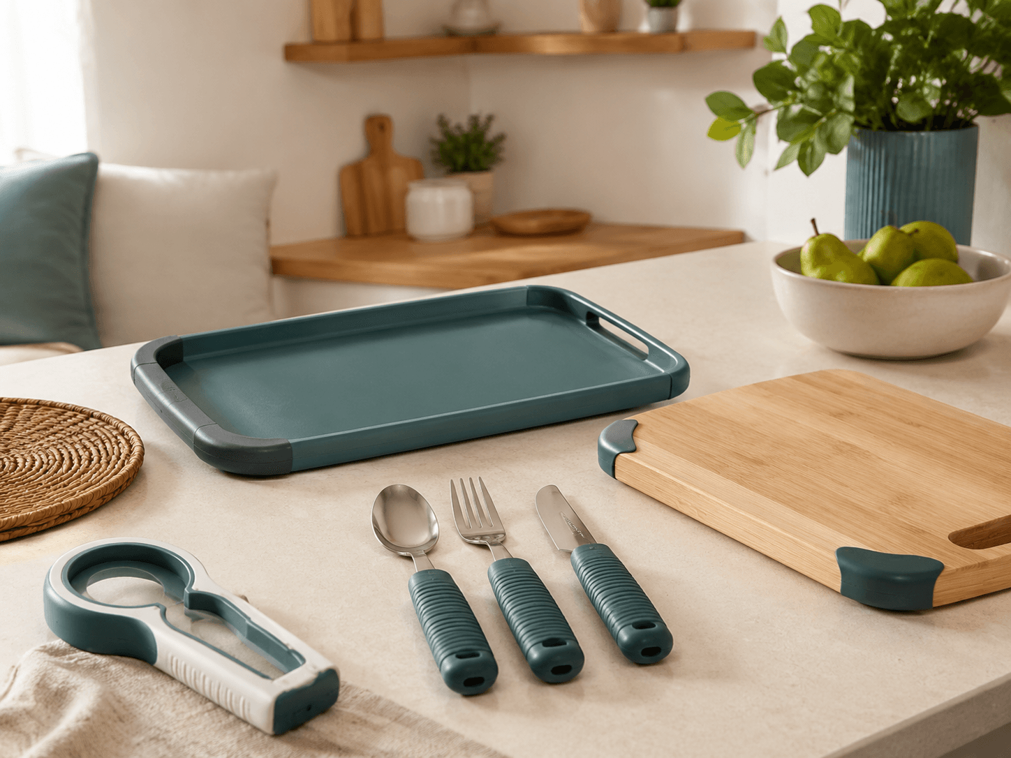Kitchen worktop with an easy-grip jar opener, non-slip cutlery and a one-handed chopping board