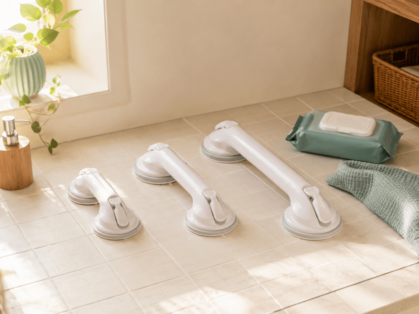 Three suction grab rails in small, medium and large sizes arranged in a row