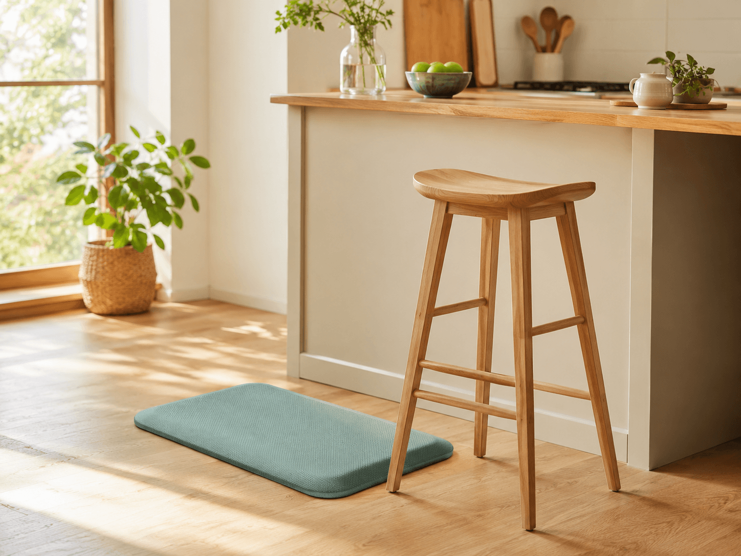 A tall perching stool beside a kitchen counter with a cushioned anti-fatigue standing mat on the floor