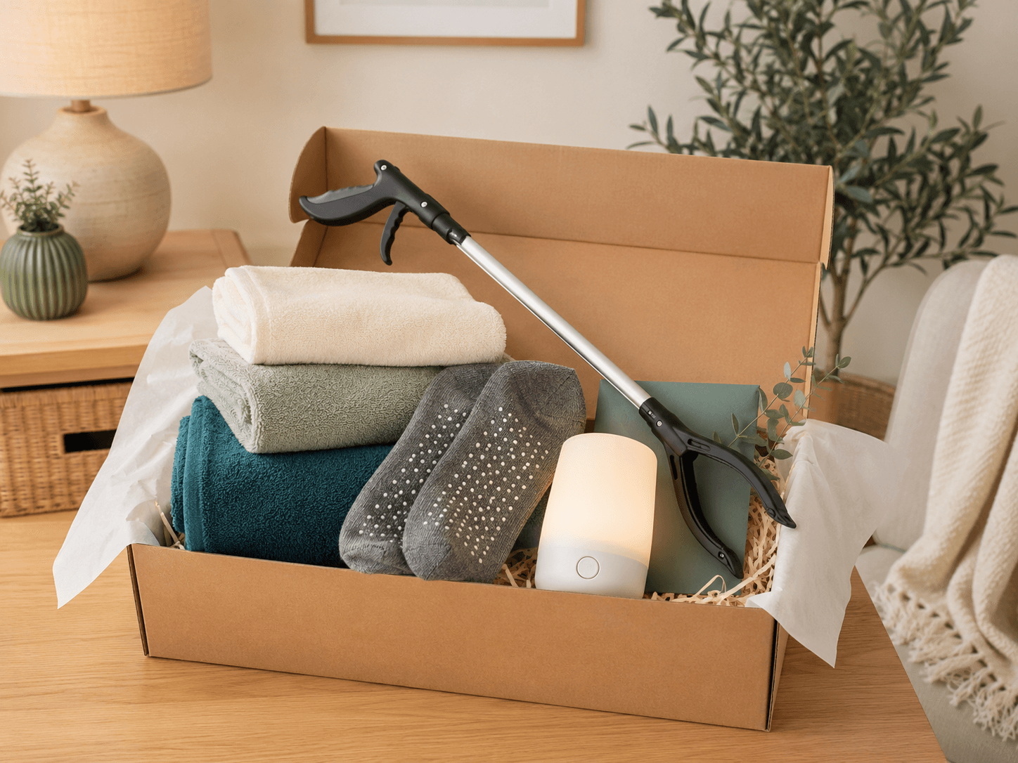 An open gift box with soft towels, non-slip socks, a reacher, a night light and a handwritten card
