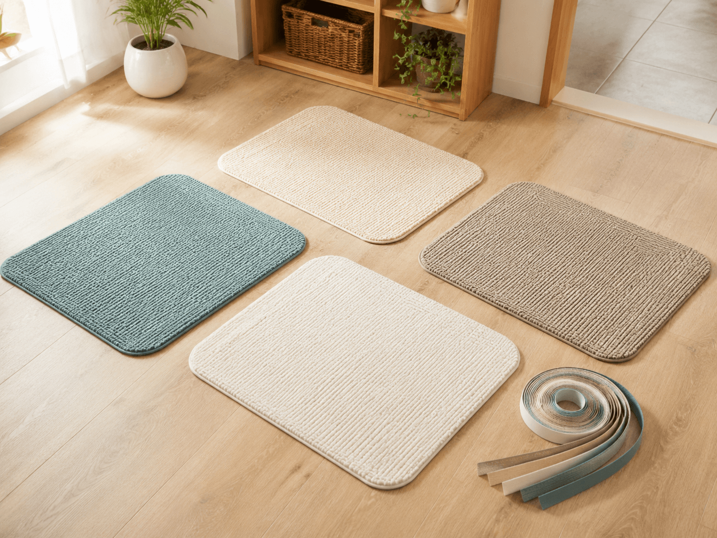 Four non-slip floor mats laid out flat with a roll of anti-slip edge strips