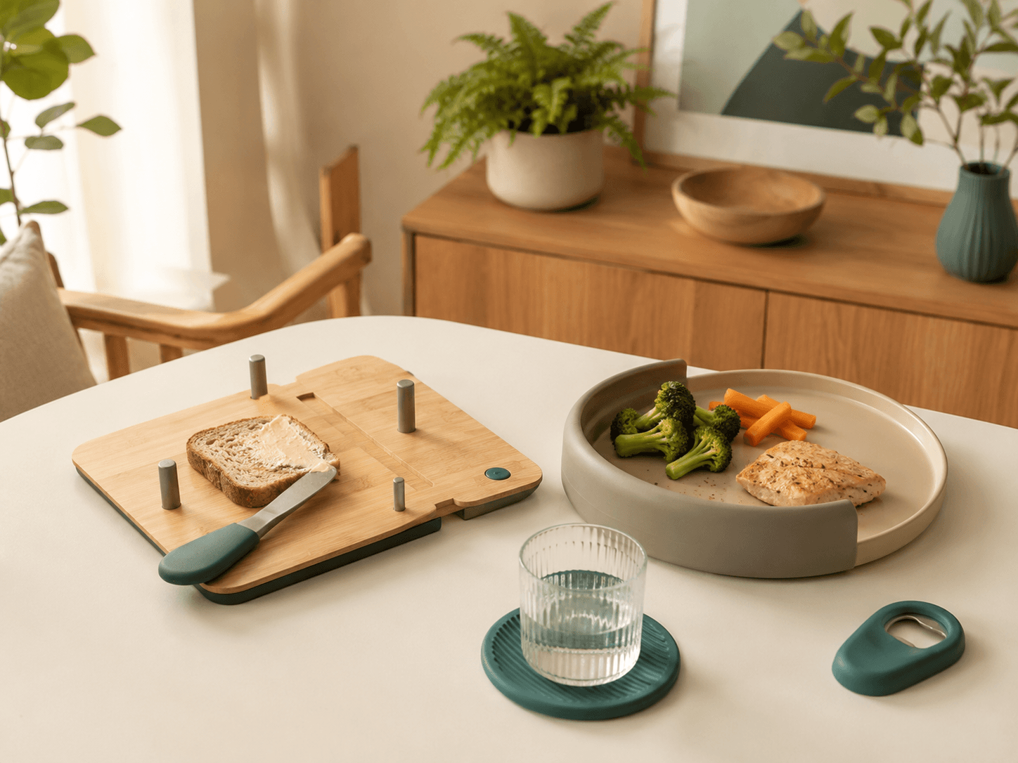 A spreading board, a plate guard rim and a non-slip coaster set out for one-handed meals