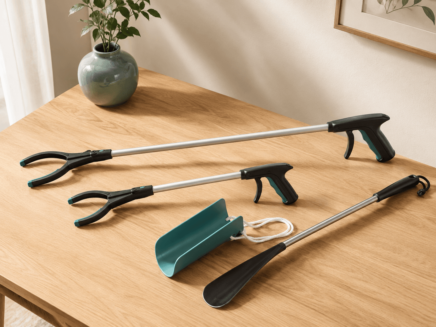 A long and a short reacher grabber next to a sock aid and a long-handled shoe horn