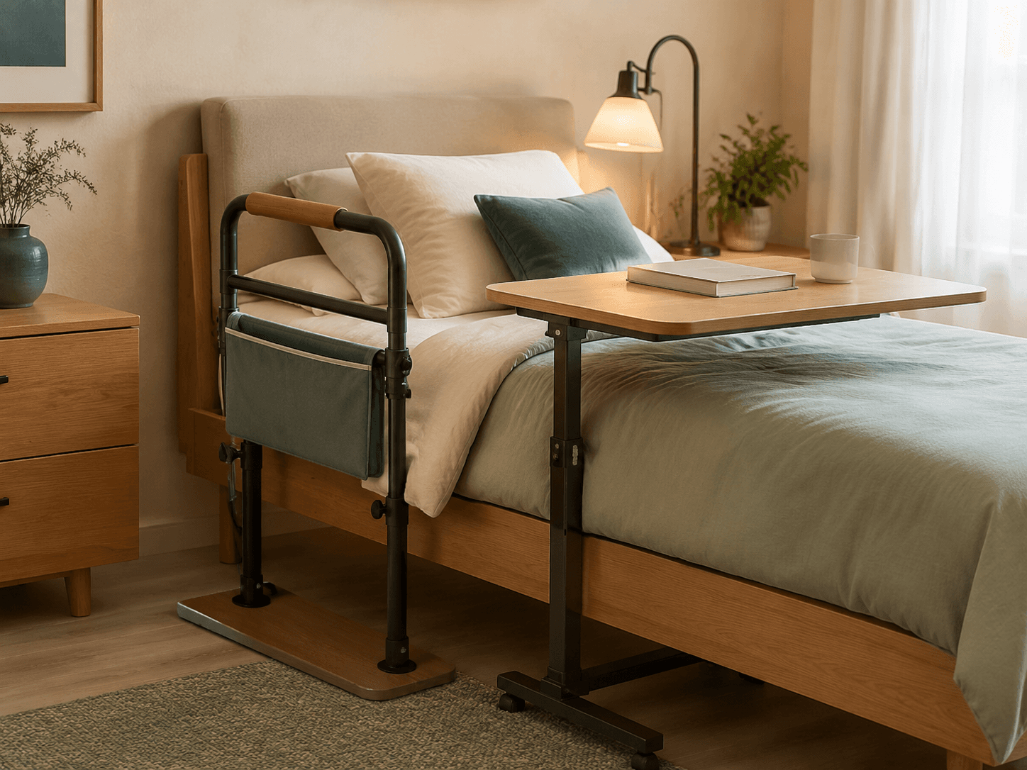 A furniture-style bedside support rail with an over-bed table and a warm reading light