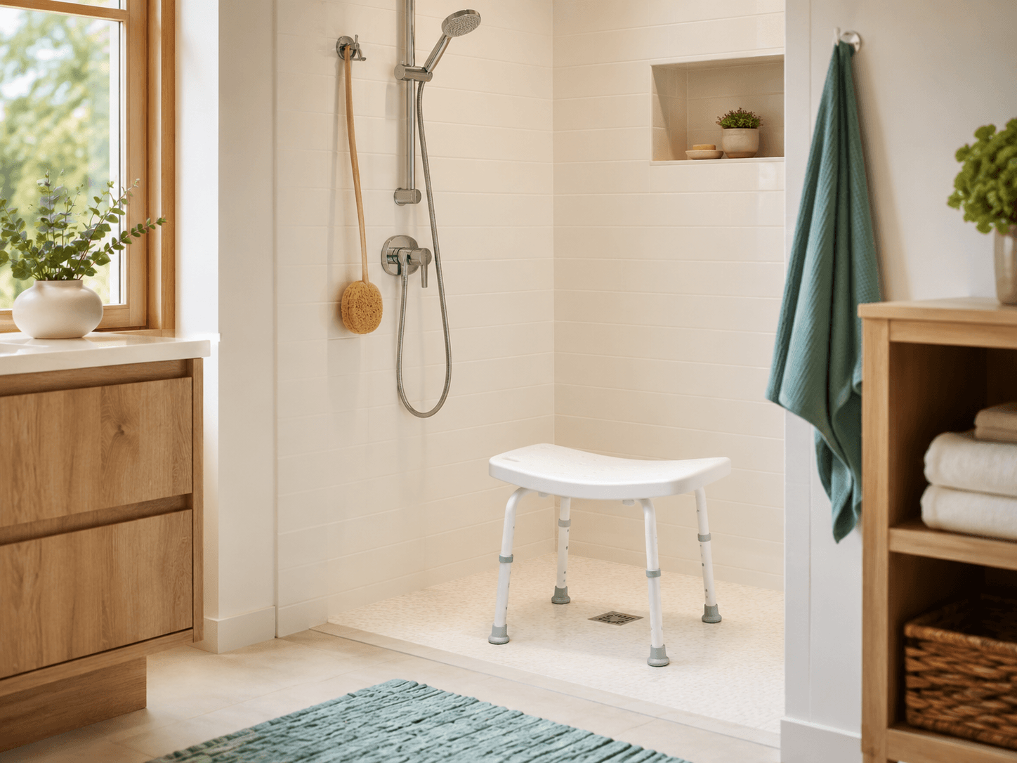 Non-slip shower stool with a handheld shower holder set up in a bright walk-in shower