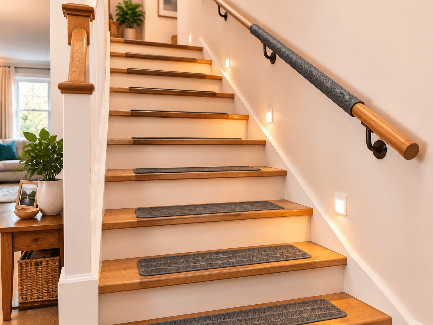 Staircase fitted with anti-slip tread strips, a cushioned handrail grip and a small night light
