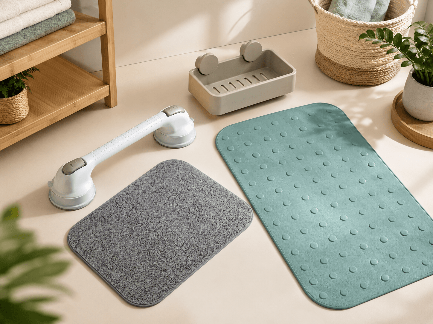 Bright bathroom with a suction grab rail beside the bath and non-slip mats laid out on the floor