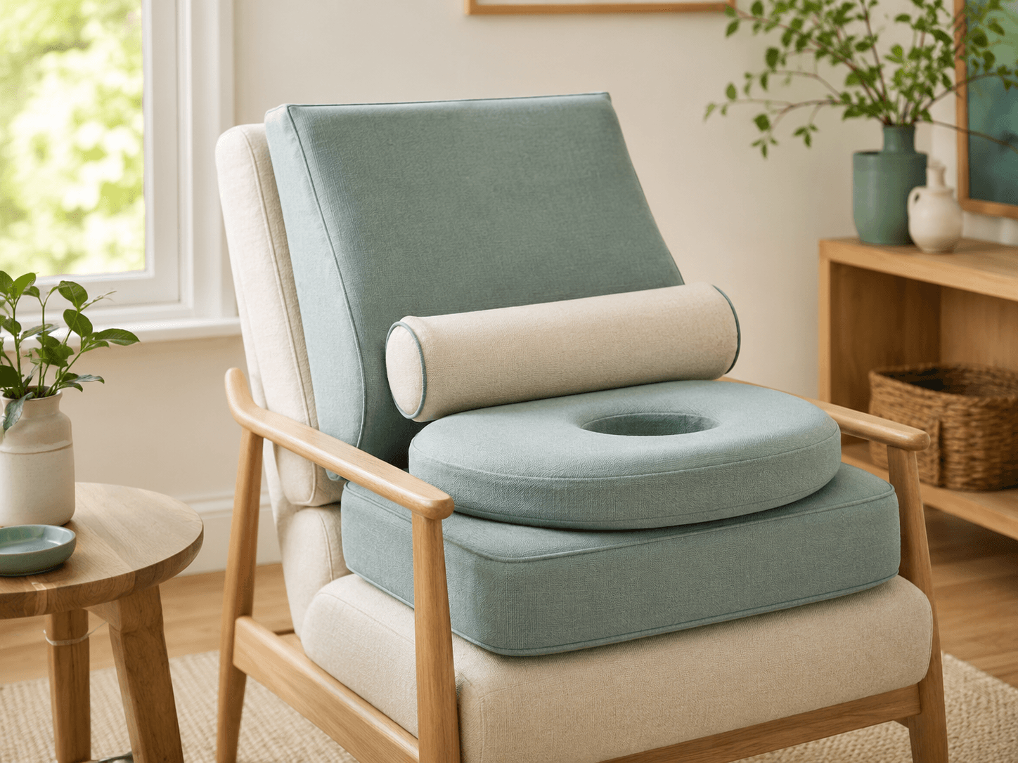 A wedge cushion, lumbar roll, ring cushion and seat-raising cushion grouped on a chair