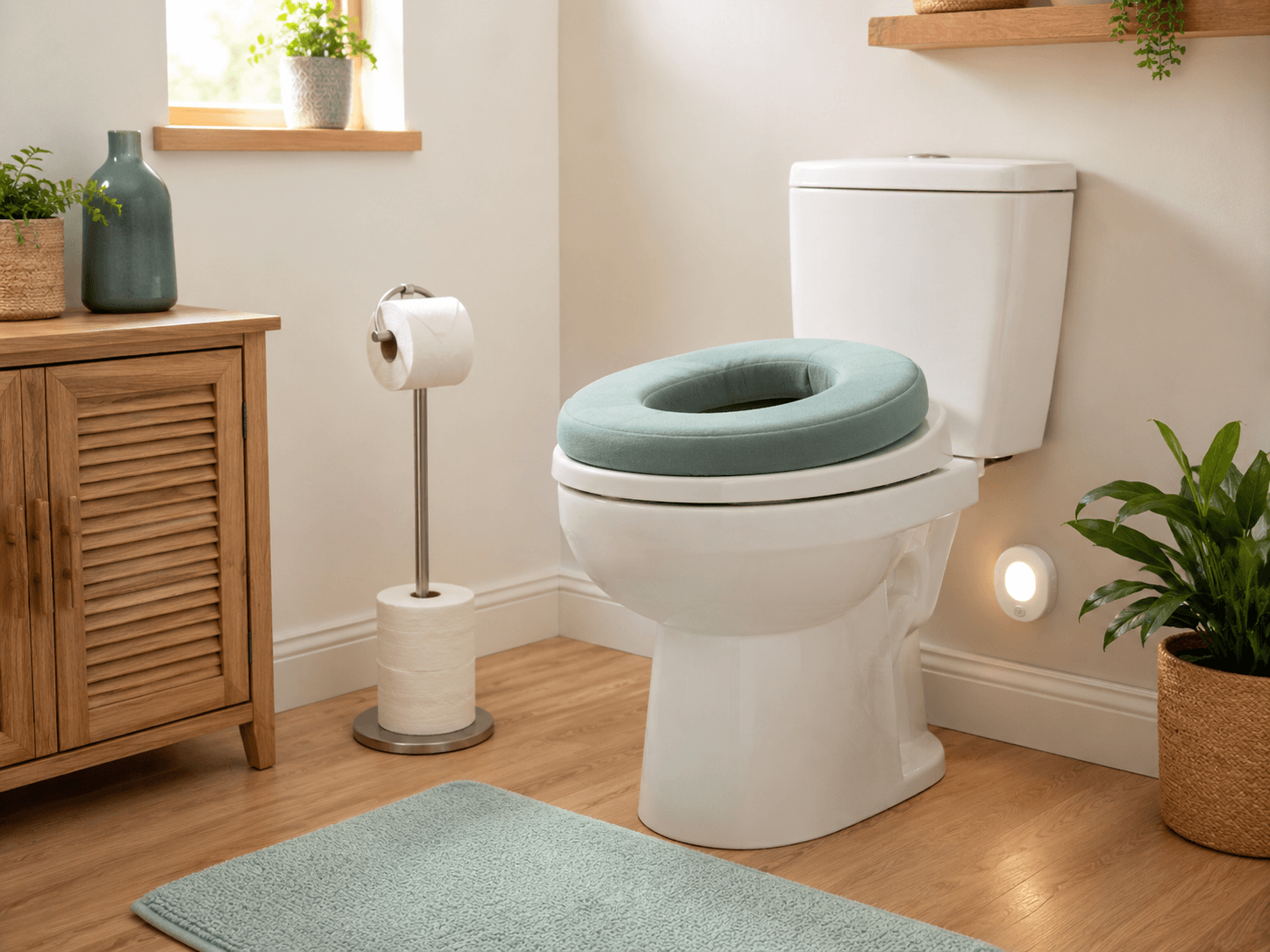 Toilet area with a cushioned seat pad, a free-standing roll stand and a motion night light glowing softly