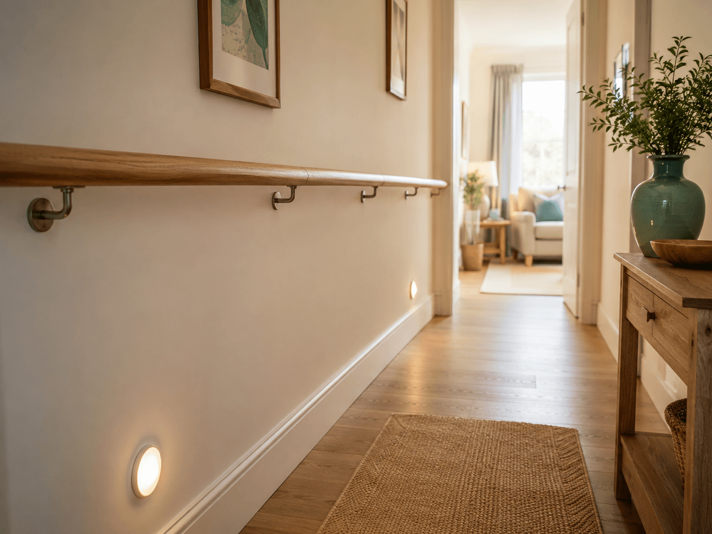A softly lit hallway with support rails along the wall and motion night lights near the floor