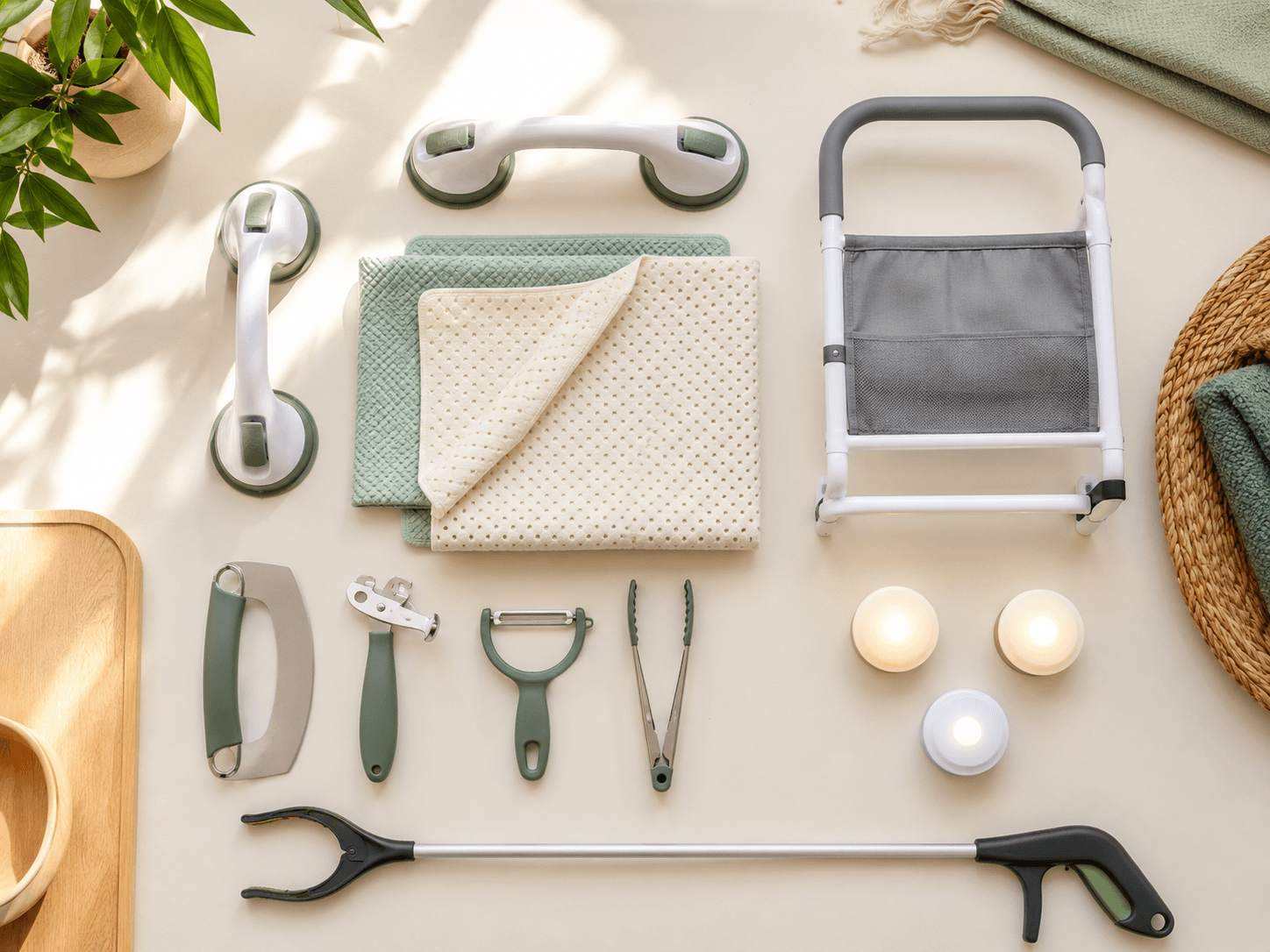 A flat-lay of whole-home safety essentials: grab rails, non-slip mats, kitchen tools, a bedside rail and night lights
