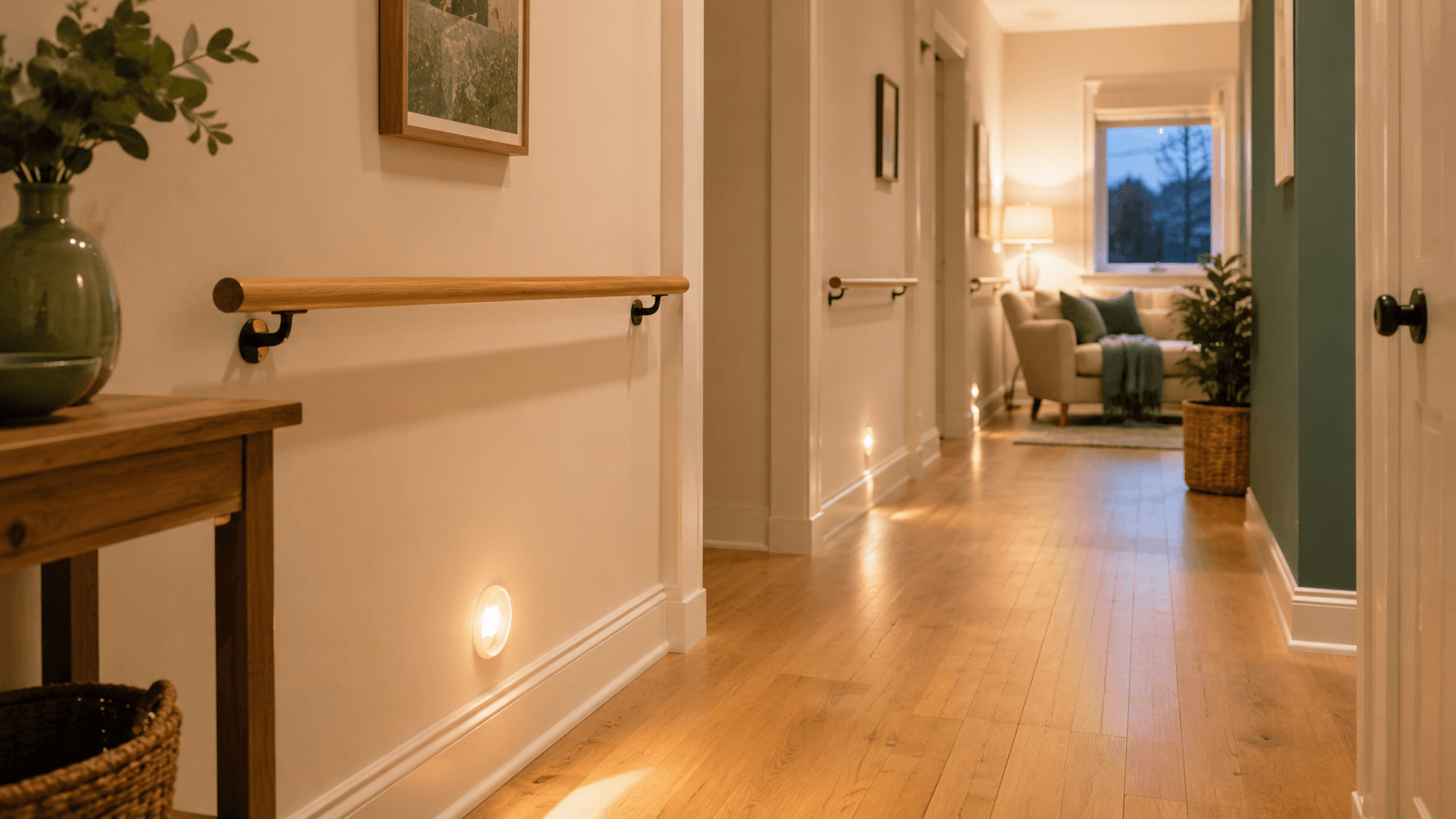 Hallway & stairs — Continuous support and a lit, grippier route.